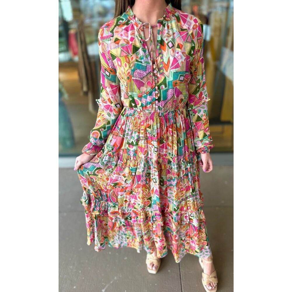 Tolani Collection Sherah Maxi Dress Tropical Long Sleeves Button Smocked Size XS